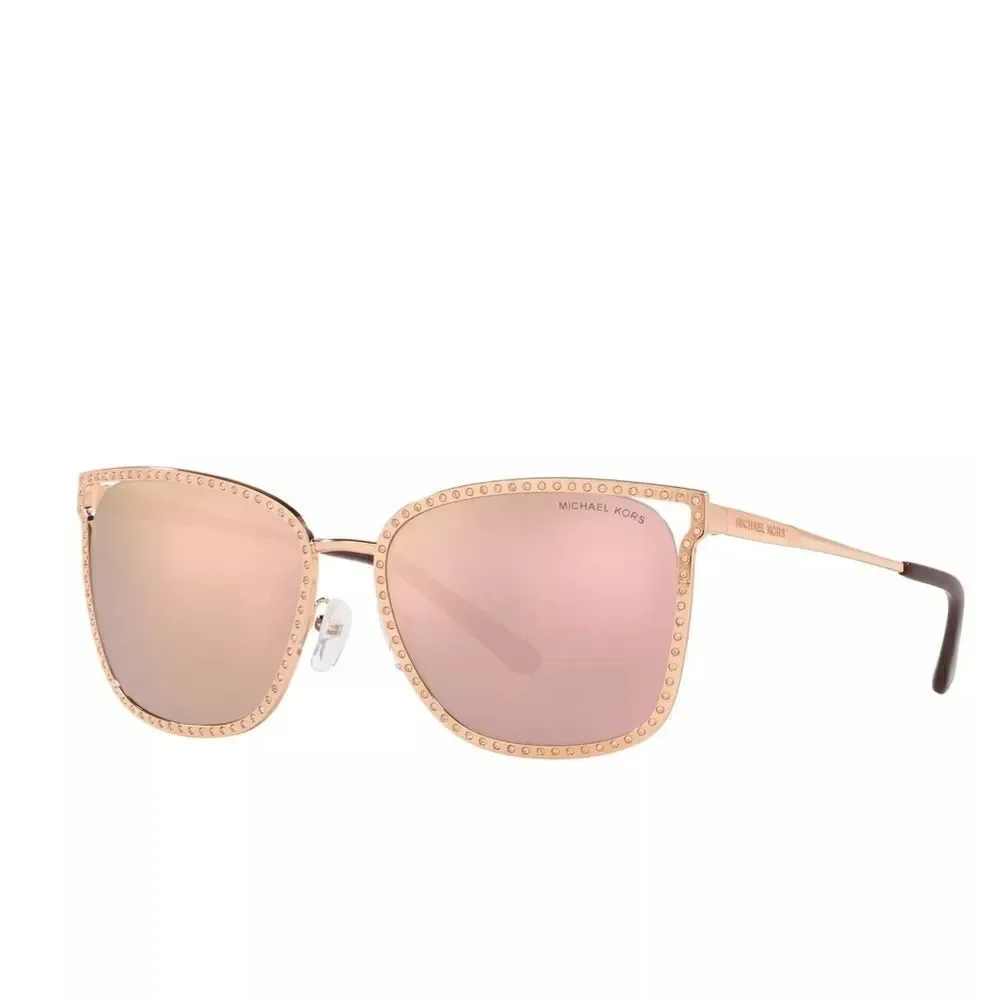 New! MICHAEL KORS Women's Stockholm Mirror Square Sunglasses With Case Rose Gold